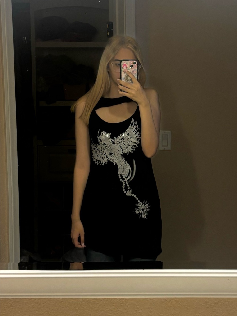 Y2K Cross Dangle Angel Wing Black Cutout Tank Top/Dress